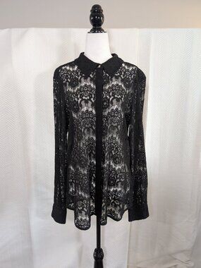 Karl Lagerfeld Paris Black Lace Sheer Blouse Long Sleeve Large Whimsigoth